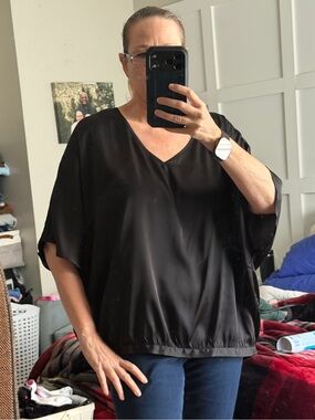 Chico's Black Satin V-Neck Dolman Sleeve Blouse